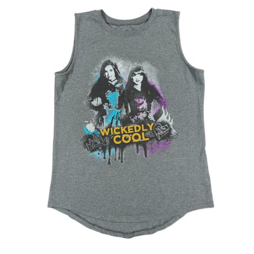 Disney Descendants Sleeveless T-Shirt (Est. Orig. Retail Price $9.00) Size: Big Girl Large Color: Dark gray Print: Descendants characters Features: Sleeveless, tank top Material: 60% Cotton, 40% Polyester Condition: Gently Used, minor pilling around arm opening, front - Our Families Attic