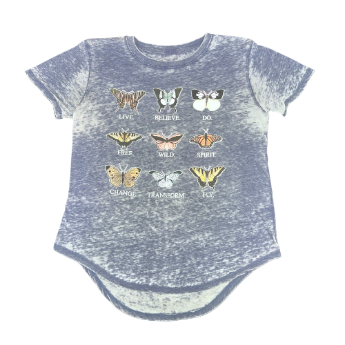FREEAF Worn Heather Blue Graphic Tee with Butterflies (Est. Orig. Retail Price $14.00) Size: Junior's Large Color: Heather Blue Print: Butterflies, Inspirational words Features: Intentional worn-out look ( like your favorite old tee), short sleeve Material: 60% Cotton 40% Polyester Condition: Well-Loved used front - Our Families Attic