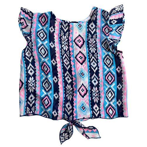 Faded Glory Sheer Top with Front Tie (Est. Retail Price $8.00) Size: Big Girl Size Medium 7-8 Color: Multi-Colored; pink, blue, white Print: Southwest design Features: Ruffled cap sleeves, front tie, sheer material (wear a tank or cami underneath) Material: 100% Polyester Condition: Gently Used back - Our Families Attic