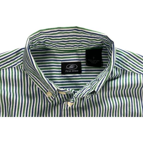 First Wave Blue and Green Striped Long Sleeve Button-Up Shirt Size: Boys 7 Color: Blue & green striped Features: Long Sleeve Button-up Button cuffs Button collar Front pocket Material: 100% Cotton Condition: Gently Used - Our Families Attic
