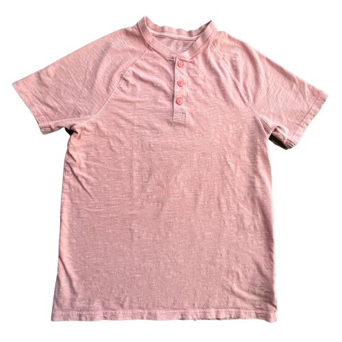 Goodfellow 3 Button Short Sleeve Pink T-Shirt (Est. Retail Price $15.00) Size: Young Men's Medium Color: Pinkish Peach Features: Short sleeve 3-Buttons Material: 100% Cotton Condition: Well-Loved used front - Our Families Attic