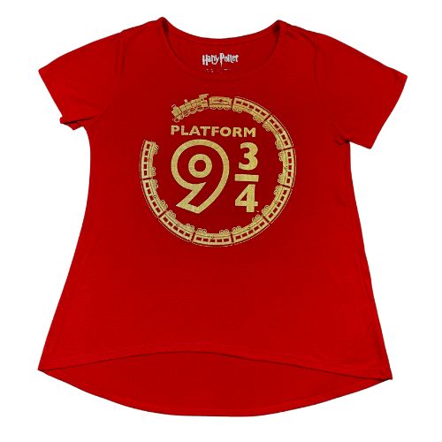 Harry Potter Platform 9 3/4 Red with Gold Graphic Tee (Est. Orig. Retail Price $15.00) Size: Big Girl Size XL - 16 Color: Deep Red Print: Gold Graphic with train circling the words "Platform 9 3/4" Features: Short sleeve Material: 66% Polyester, 34% Rayon Condition: Well-Loved, signs of wear and pilling (use a fabric shaver to easily remove), front - Our Families Attic