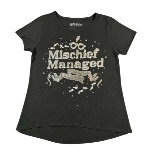 Harry Potter Mischief Managed Black Graphic Tee (Est. Orig. Retail Price $20.00) Size: Big Girl Size XL - 16 Color: Black Print: Silver and White Graphic, "Mischief Managed, I solemnly swear I am Up To No Good" Features: Short sleeve Material: 66% Polyester, 34% Rayon Condition: Gently Used, minor pilling (easily remove with fabric shaver) front - Our Families Attic