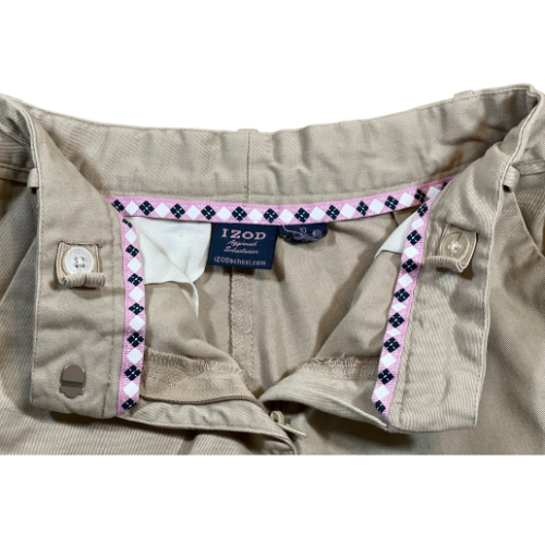 Izod Khaki Girls School Uniform Shorts Girl Size 10 Bermuda, Khaki Regular Fit, adjustable waist Hook & eye closure Big Girl Size 10 Gently Used Shorts Waistband - Our Families Attic