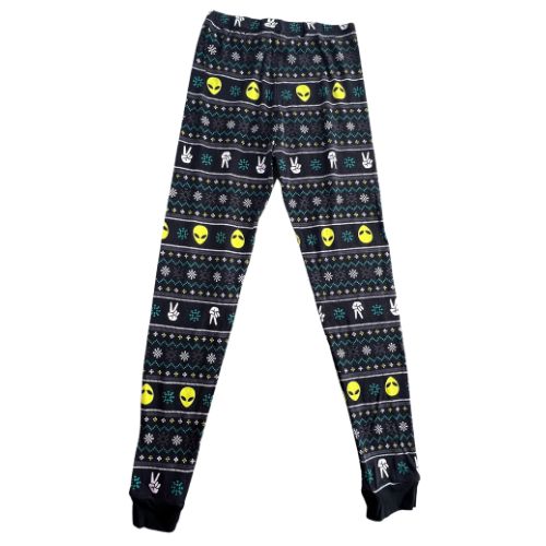 Pre-Owned Joe Boxer Alien Pajama Set Brand: Joe Boxer Size: Big Boy's Size10 Color: Black with yellow alien heads, peace hand sign, and green, yellow, and white digital patterns Features: Long sleeve Elastic waist Material: 100% cotton Condition: Excellent Used - Our Families Attic
