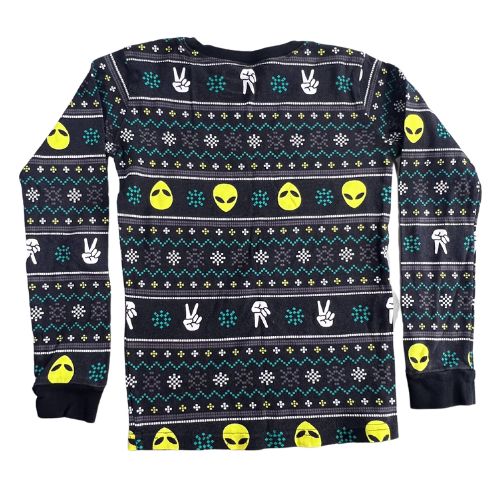 Pre-Owned Joe Boxer Alien Pajama Set Brand: Joe Boxer Size: Big Boy's Size10 Color: Black with yellow alien heads, peace hand sign, and green, yellow, and white digital patterns Features: Long sleeve Elastic waist Material: 100% cotton Condition: Excellent Used - Our Families Attic