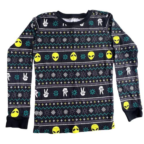 Pre-Owned Joe Boxer Alien Pajama Set Brand: Joe Boxer Size: Big Boy's Size10 Color: Black with yellow alien heads, peace hand sign, and green, yellow, and white digital patterns Features: Long sleeve Elastic waist Material: 100% cotton Condition: Excellent Used - Our Families Attic
