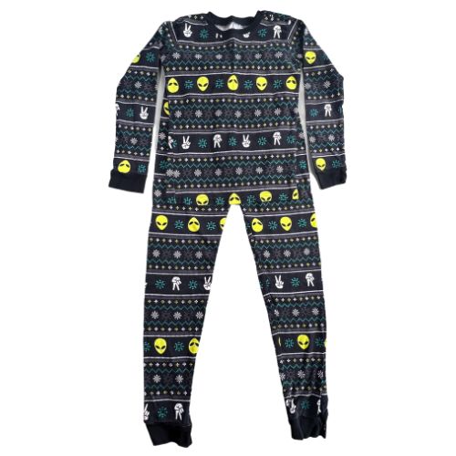 Pre-Owned Joe Boxer Alien Pajama Set Brand: Joe Boxer Size: Big Boy's Size10 Color: Black with yellow alien heads, peace hand sign, and green, yellow, and white digital patterns Features: Long sleeve Elastic waist Material: 100% cotton Condition: Excellent Used - Our Families Attic