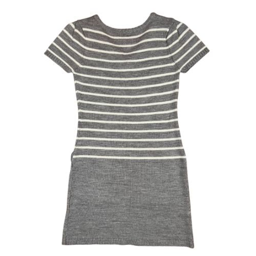 Just A Girl Gray and White Striped Sweater Dress (Est. Orig. Retail Price $36.00) Size: Big Girl Size 16 Color: Gray with white stripes Features: V-Neck, short sleeves, 2 front pockets, decorative buttons Material: 100% Acrylic Condition: Gently Used back - Our Families Attic