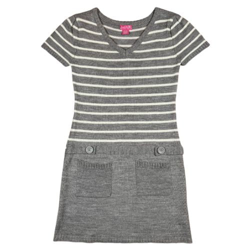 Just A Girl Gray and White Striped Sweater Dress (Est. Orig. Retail Price $36.00) Size: Big Girl Size 16 Color: Gray with white stripes Features: V-Neck, short sleeves, 2 front pockets, decorative buttons Material: 100% Acrylic Condition: Gently Used Front - Our Families Attic