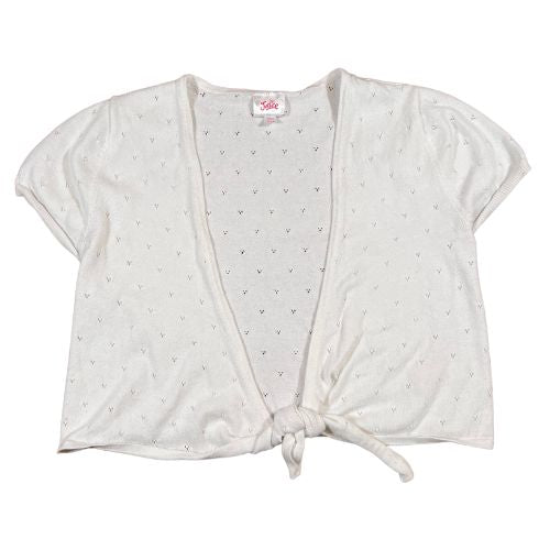 Justice White Tie-Front Cardigan (Est. Orig. Retail Price $40.00) Size: Big Girl Size 16-18 Color: White Print: Cute knit punch-outs Features: Tie-Front, shrug/cardigan, cap sleeves Material: 60% Cotton, 40% Acrylic Condition: Gently Used, front - Our Families Attic