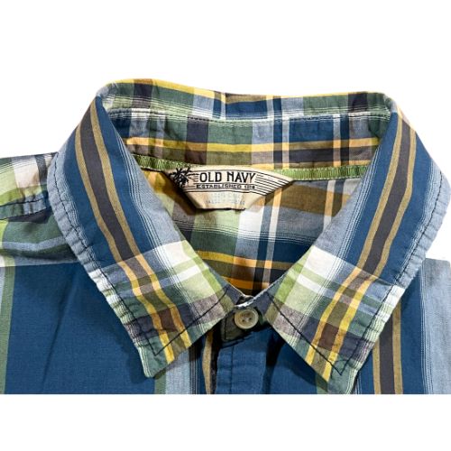 Old Navy Short Sleeve Button-Up Plaid Shirt (Est. Orig. Retail Price $25.00) Size: Men's XL Color: Blue, yellow, and white plaid Features: Collar, button-up, short sleeve Material: 100% Cotton Condition: Gently Used Tag - Our Families Attic