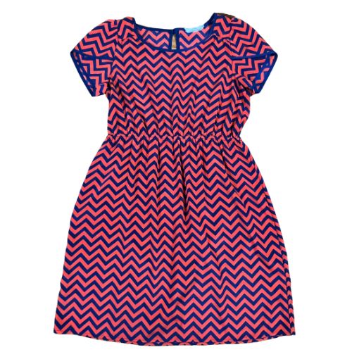 Soprano Blue & Red Chevron Striped Dress (Est. Orig. Retail Price $55.00) Size: Big Girl Size XL - 16 Color: Red and blue chevron pattern Features: Cute blue button closure at the back of the neck, A-Line Material: 100% Polyester Condition: Gently Used Front - Our Families Attic