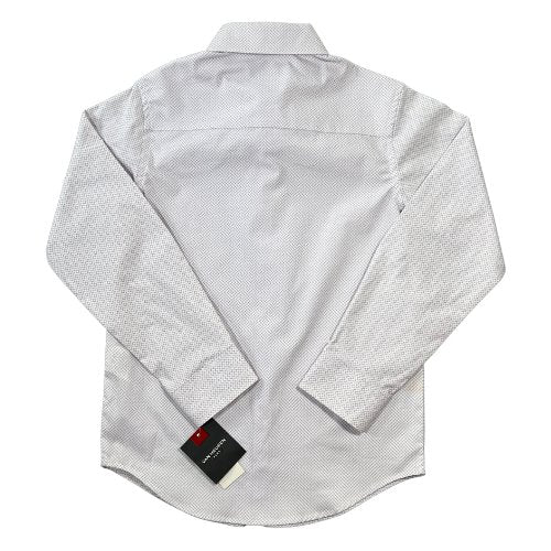 Van Heusen Long Sleeve Button-Up Dress Shirt with Clip-On Tie ( Retail Price $40.00 ) Size: Big Boy Small ( 8 ) Regular Color: White with purple/lavender sprinkles Features: Flex Long Sleeve Button-up Button cuffs Collar Clip-On tie Spare Buttons Material: 97% Polyester, 3% Spandex Condition: NWT New back - Our Families Attic