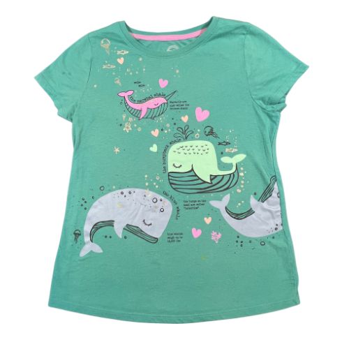 Wonder Nation Whales Sea Life Graphic T-Shirt (Est. Orig. Retail Price $9.00) Size: Girl XL (14-16) Color: Turquoise, Teal Print: Whales Features: Short sleeve Material: 60% Cotton, 40% Polyester Condition: Worn-Out, Pen/ink marking, small paint spot (this would be great as a play, arts, and crafting tee) front - Our Families Attic