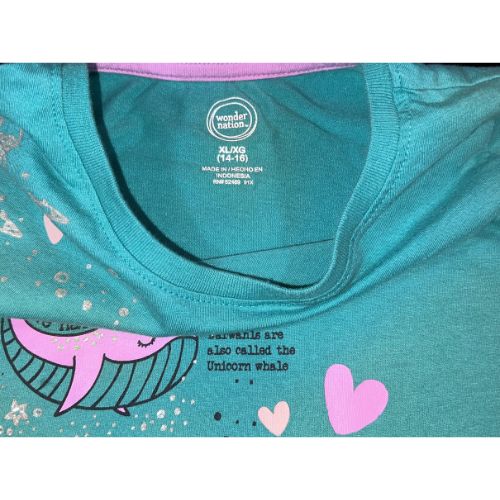 Wonder Nation Whales Sea Life Graphic T-Shirt (Est. Orig. Retail Price $9.00) Size: Girl XL (14-16) Color: Turquoise, Teal Print: Whales Features: Short sleeve Material: 60% Cotton, 40% Polyester Condition: Worn-Out, Pen/ink marking, small paint spot (this would be great as a play, arts, and crafting tee) tag- Our Families Attic