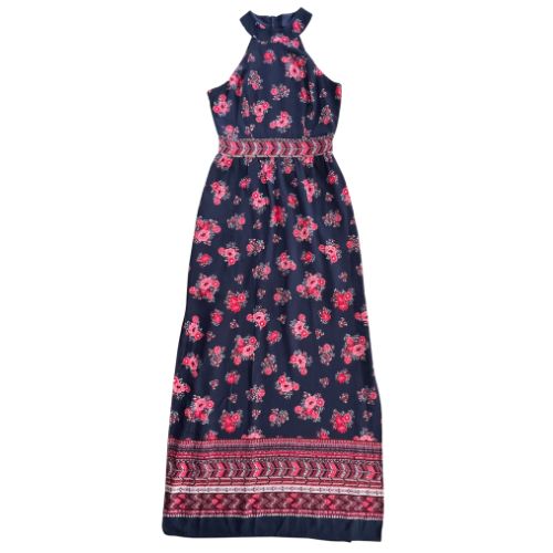Midnight Doll Dark Blue & Pink Floral Bare Shoulder Dress (Est. Orig. Retail Price $79.00) Size: Junior's size 3 Color: Dark blue with pink floral print Features: Back Zip Sleeveless Bare shoulder Rounded high-neck collar A-line Side slits on both sides of the skirt Short slip underneath Material: Outer shell: 96% Polyester, 4% Spandex Liner: 100% Polyester Condition: Excellent Used Condition front - Our Families Attic