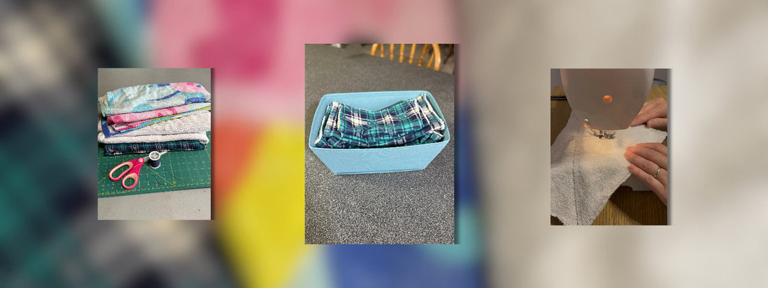 DIY reusable cloth paper towels made from an old bath towel and blue plaid fabric, showing cutting materials, finished towels in a basket, and sewing at a machine.