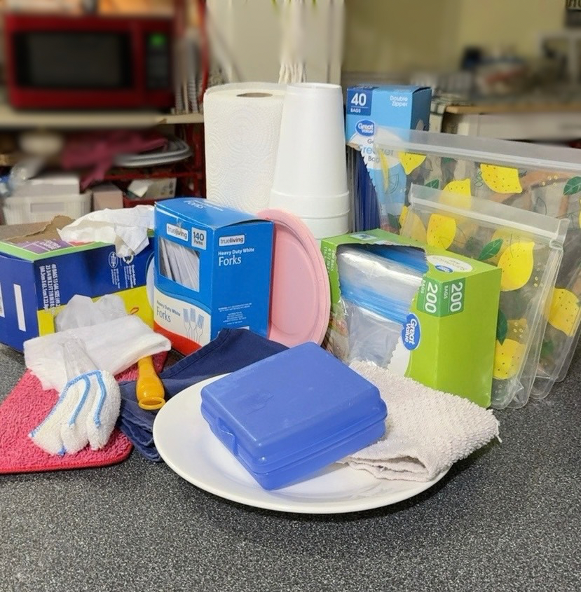 Disposable household supplies displayed beside reusable food-storage bags, dishes, cloths, and washable cleaning pads on a kitchen counter.