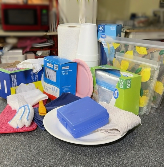 Disposable household supplies displayed beside reusable food-storage bags, dishes, cloths, and washable cleaning pads on a kitchen counter.