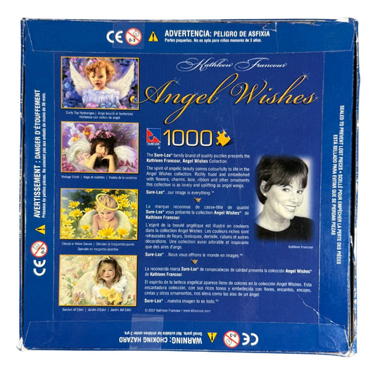 Back of 1000 piece angel cherub puzzle yellow daisies Sure-Lox box with detail