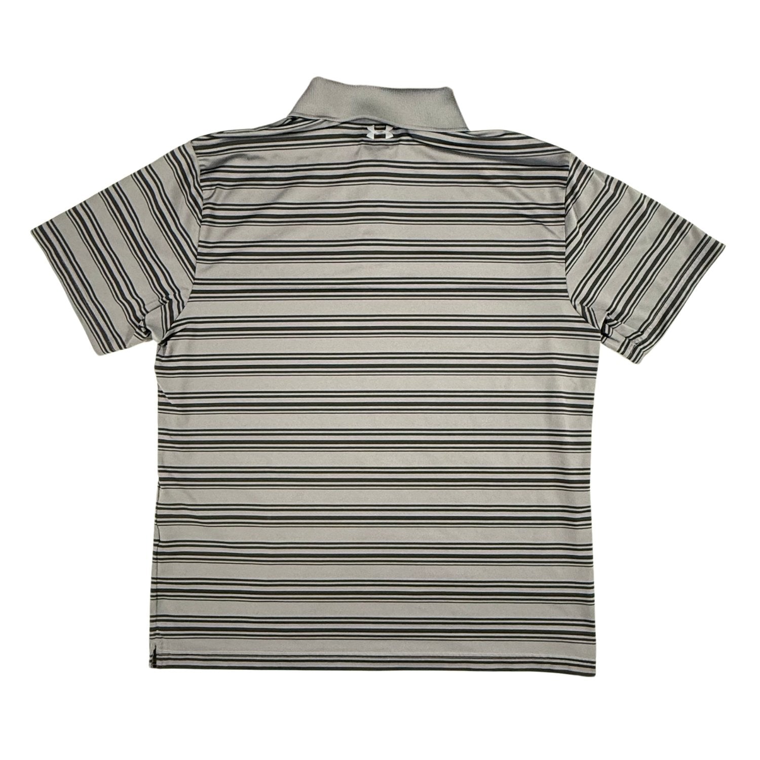 Back view of a men's XL Under Armour HeatGear gray striped performance polo shirt.