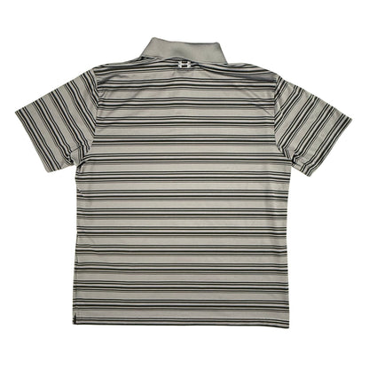 Back view of a men's XL Under Armour HeatGear gray striped performance polo shirt.