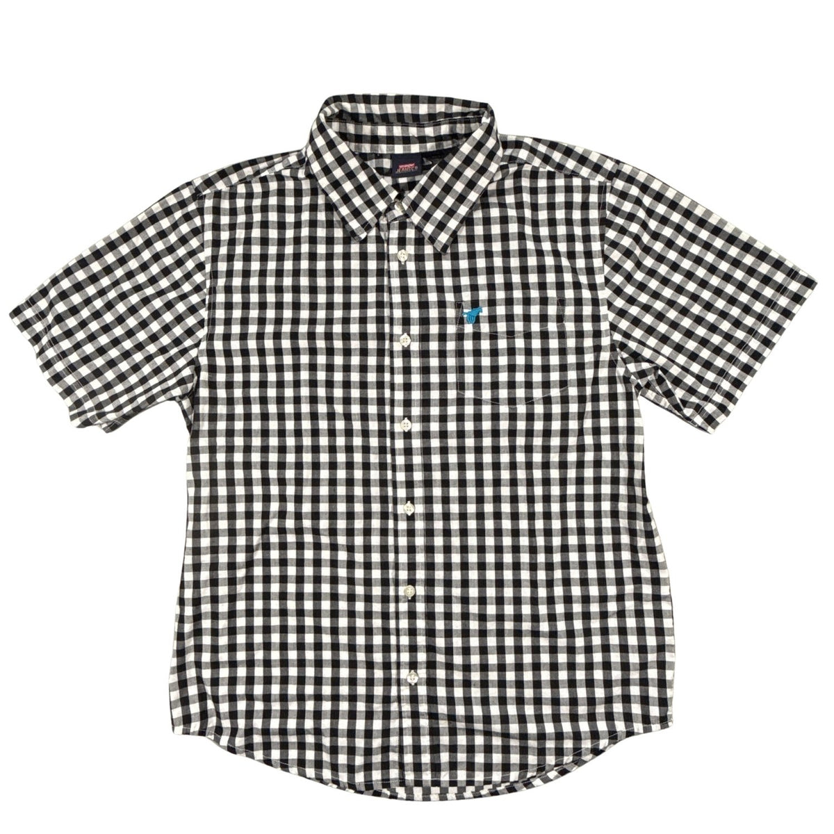 Front view of Wrangler boys XXL size 18 black and white gingham button-down shirt