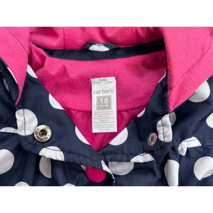 Pre-Owned Rain Jacket / Wind Breaker Brand: Carter's KID  Size: Baby Girl 18 months Color: Dark blue with white polka dots with pink snaps and liner. Features: Pink snap closure, pink heart embroidery on front pockets, hood, long sleeve, hanging hook, belongs to tag Material:  100% Polyester (shell and liner) Condition:  Excellent used condition. Online thrift store - Our Families Attic