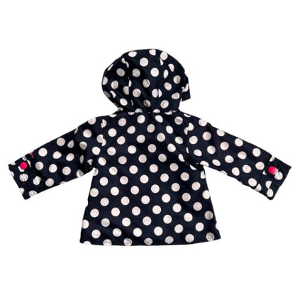 Pre-Owned Rain Jacket / Wind Breaker Brand: Carter's KID  Size: Baby Girl 18 months Color: Dark blue with white polka dots with pink snaps and liner. Features: Pink snap closure, pink heart embroidery on front pockets, hood, long sleeve, hanging hook, belongs to tag Material:  100% Polyester (shell and liner) Condition:  Excellent used condition. Online thrift store - Our Families Attic