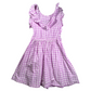 Pre-owned Carter's KID Lavender Gingham Dress for little girls, size 6/6X, featuring a lavender and white gingham check pattern, sleeveless design, ruffled arm hems and neckline, and an elastic waist, available at Our Families Attic.