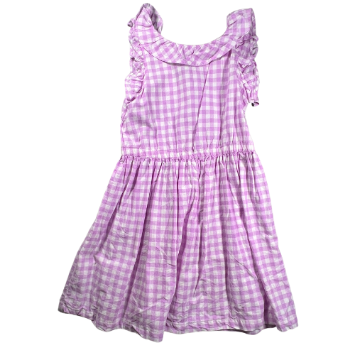 Pre-owned Carter's KID Lavender Gingham Dress for little girls, size 6/6X, featuring a lavender and white gingham check pattern, sleeveless design, ruffled arm hems and neckline, and an elastic waist, available at Our Families Attic.