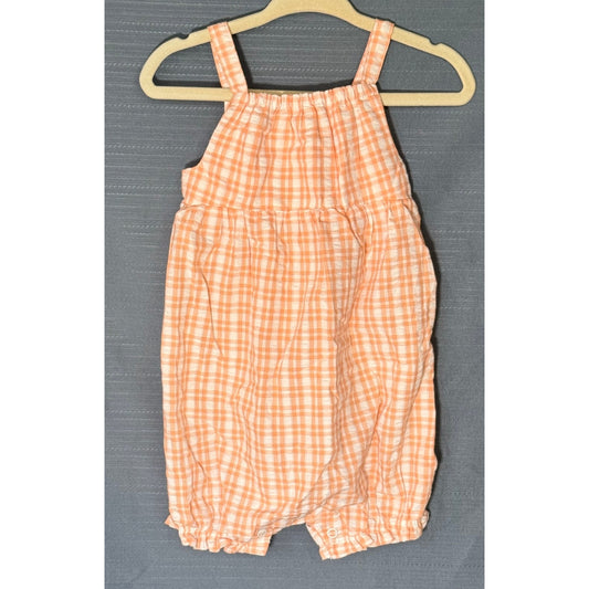 Front view of Carter's orange and white gingham baby girls romper, size 12 months, with shoulder straps, gathered waist, and elasticized leg openings.