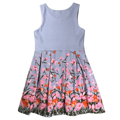 Copper Key girl's small blue dress with pink and orange flowers. Stretchy material, lined, and pleated skirt. Sleeveless. Round neck. back. Gently used excellent condition. Shop Our Families Attic. 