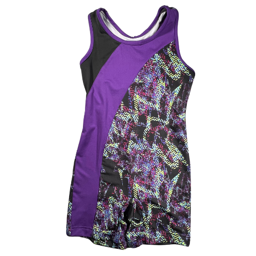 Pre-Owned Danskin Now Girls' Gymnastics Leotard in Black and Purple with Multicolor Geometric Design. Size 6-6X. Features a one-piece tank top and shorts design with an athletic cutout back. Made of 84% polyester and 16% spandex. Worn very little with minor popped stitches; overall in good condition. Our Families Attic.