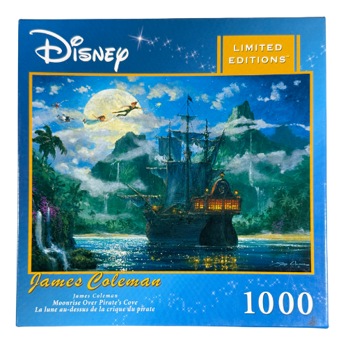 Front of Disney Limited Edition ‘Moonrise Over Pirate’s Cove’ 1000-piece puzzle by James Coleman, showing a detailed moonlit pirate scene in excellent pre-owned condition.