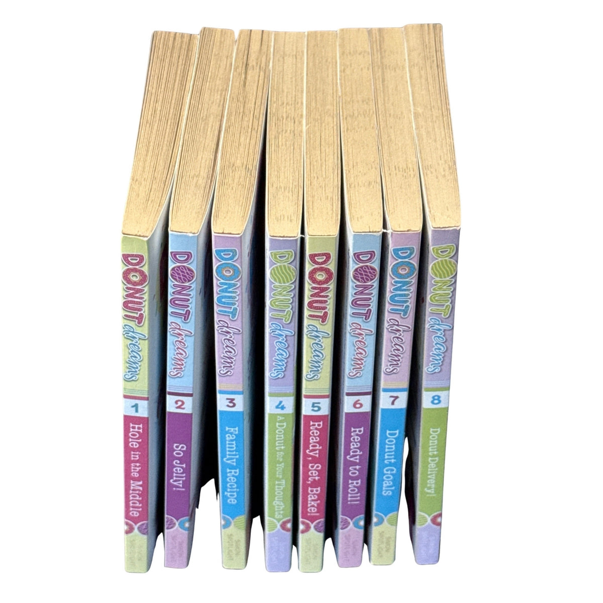 Spines of Donut Dreams books 1 through 8 by Coco Simon arranged in reading order.