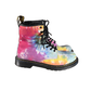 Side view of Dr. Martens 1460 tie-dye boots showing yellow stitching and 8-eye laces