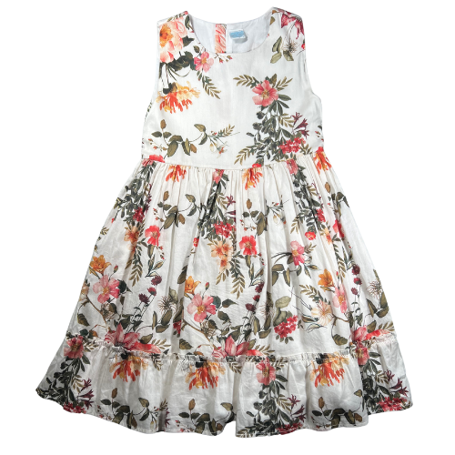 Pre-owned Edgehill Collection floral dress for little girls in size 6X. Features an off-white color with warm floral patterns, sleeveless design, ruffle hem, and back zipper closure. Made from 100% cotton with a fully attached liner. Gently used and in very good condition. Shop online at ourfamiliesattic.com