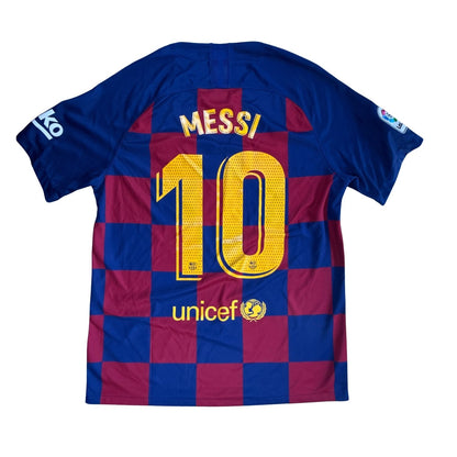 Back of Nike FC Barcelona 2019/20 home jersey with Lionel Messi name, number 10, and UNICEF graphic