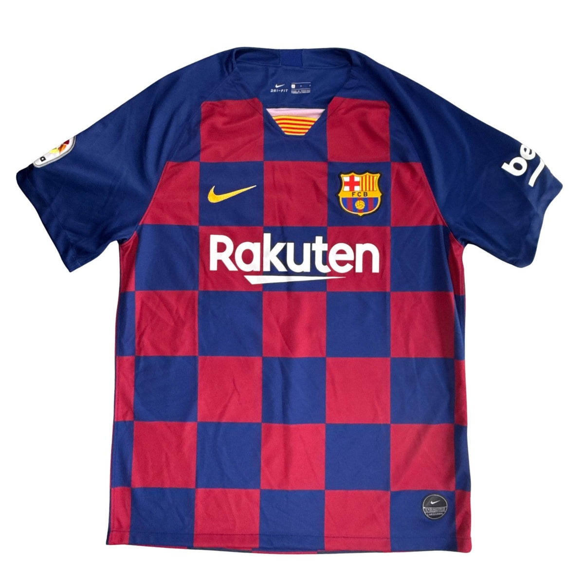 Front of Nike FC Barcelona 2019/20 Messi jersey with blue and garnet checkerboard design, Rakuten sponsor, and club crest