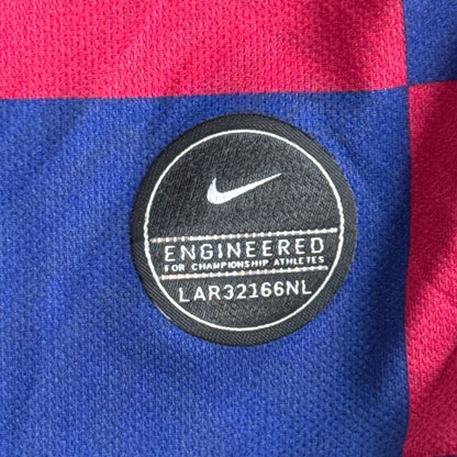 Close-up of Nike Engineered badge on blue and garnet FC Barcelona 2019/20 jersey