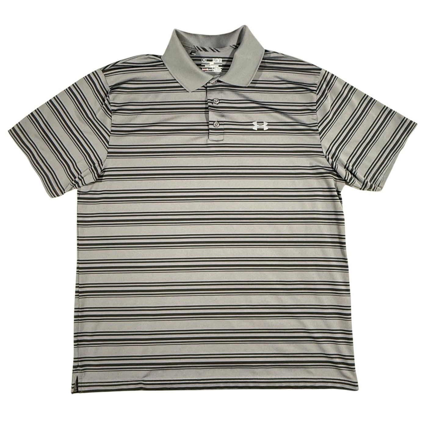 Front view of a men's XL Under Armour HeatGear gray striped performance polo shirt.