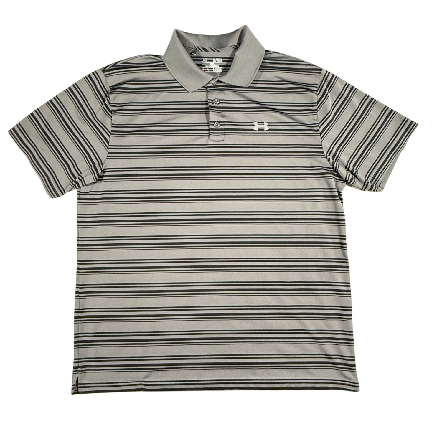 Front view of a men's XL Under Armour HeatGear gray striped performance polo shirt.