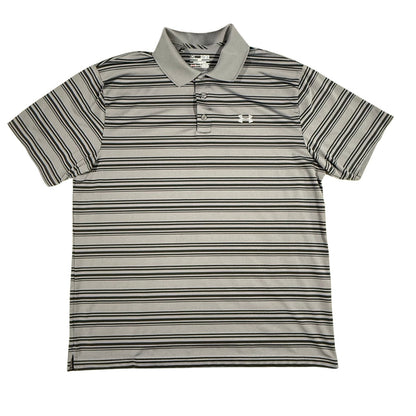 Front view of a men's XL Under Armour HeatGear gray striped performance polo shirt.