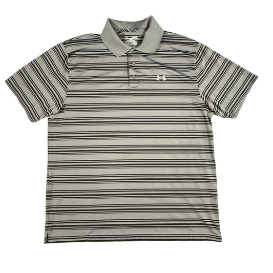 Front view of a men's XL Under Armour HeatGear gray striped performance polo shirt.