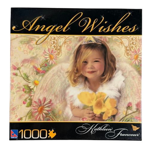 Front of the Angel Wishes – Garden of Eden 1000-piece puzzle by Kathleen Francour, featuring a serene angelic figure in a colorful garden setting. Artwork shows soft pastels, flowers, and peaceful scenery. Box is taped closed.
