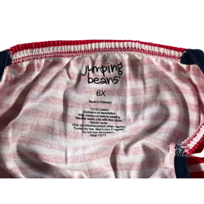 Pre-Owned Red, White, and Blue Shorts Romper Brand: Jumping Beans Size: Little Girl 6x Color: Red, White, and Blue with stars and stripes Features: Spaghetti strap, shorts, elastic waist, chest ruffle Material: 100% Cotton Condition:  Great, gently used. Minimum fading from washing. Used clothing. Our Families Attic.