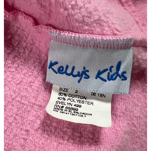Pre-Owned Jacket with Hood Brand: Kelly's Kids  Size: Toddler girl size 2  Color: Pink with white rick rack trim Features: Long sleeves with rolled cuffs, rick rack trim, soft and light, hood, pink button front with the letter "E" embroidered in white Material:  60% Cotton, 40% Polyester  Condition:  Gently used condition with minor discoloration. Online thrift store - Our Families Attic