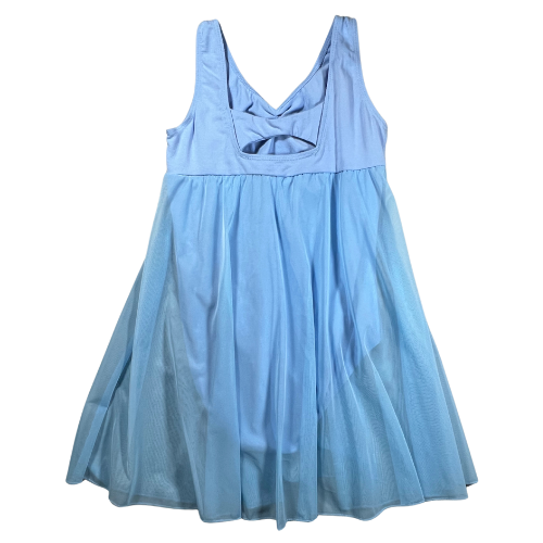 Pre-owned Light blue dance leotard with built-in tulle skirt, featuring a sleeveless design and stylish cutout back. Made from 92% cotton, 8% Spandex, size small (6-8), in excellent, like-new condition, ideal for dance classes or performances. Shop Our Families Attic.